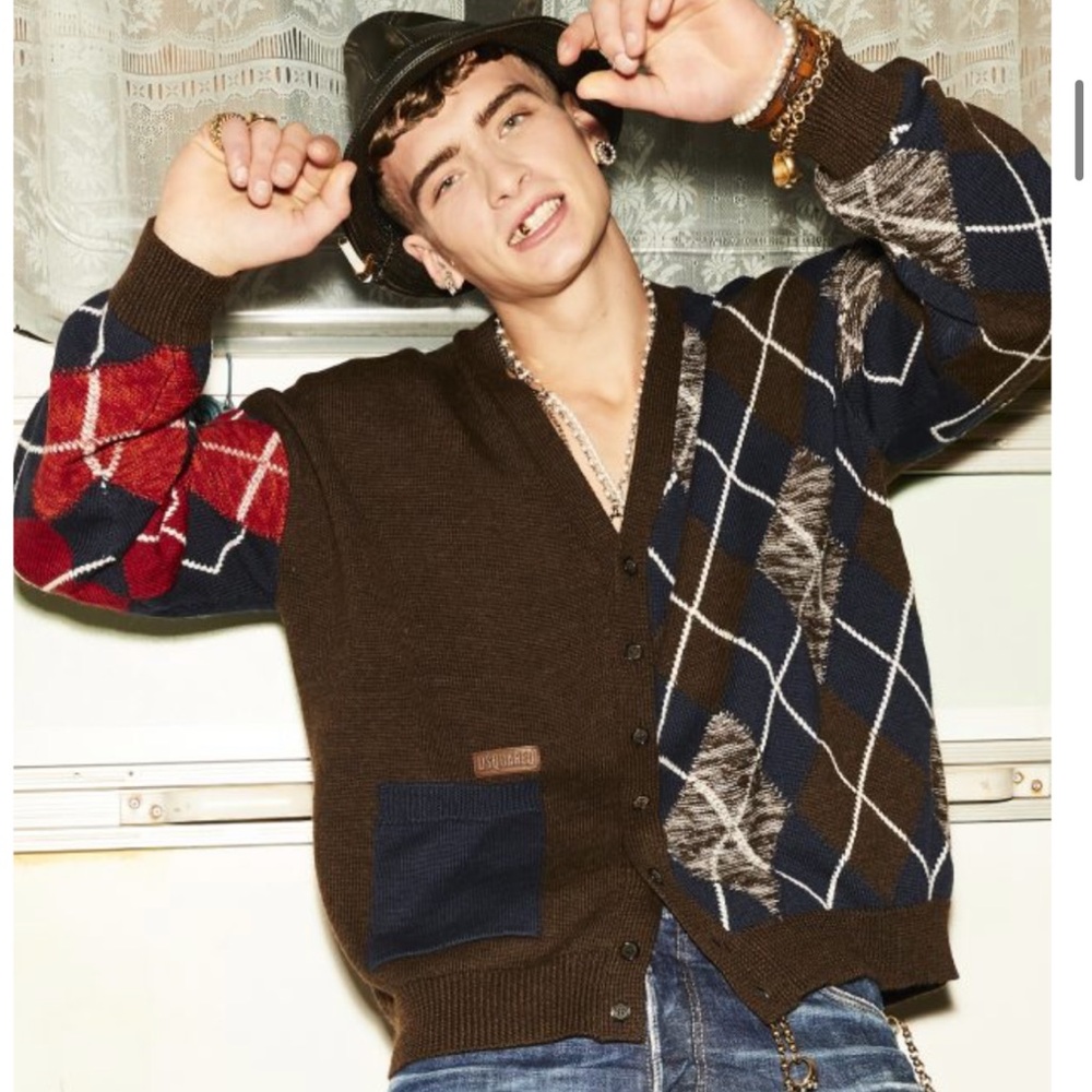 NEW DSQUARED2 Argyle Wool Brown Oversized Patchwork Cardigan Sweater Unisex RARE - Picture 2 of 9